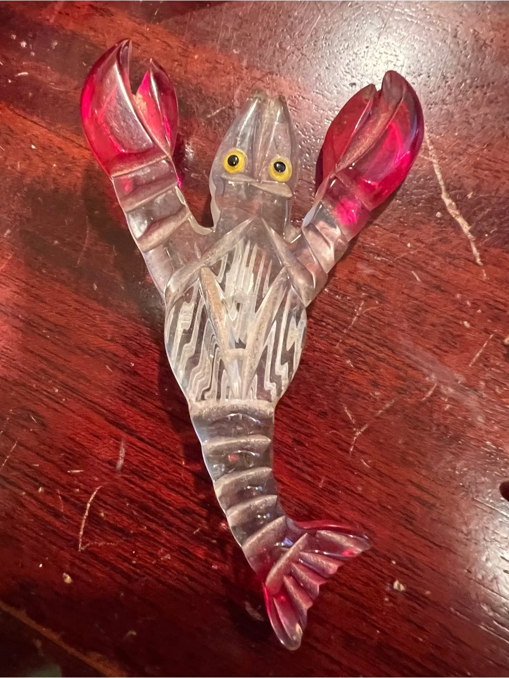 Vintage Clear and Red Carved Lucite Lobster/Crawfish Brooch 3 1/2